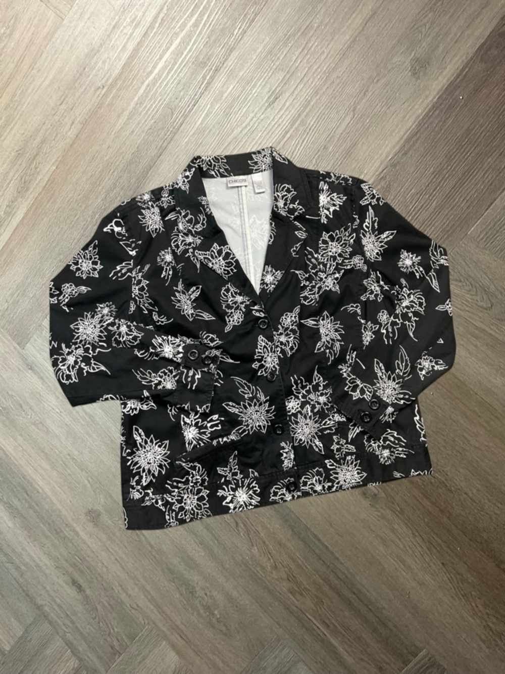 Chico's Blazer Jacket Womens 3 XL Black White Floral Stretch Cotton Casual‎ Boho